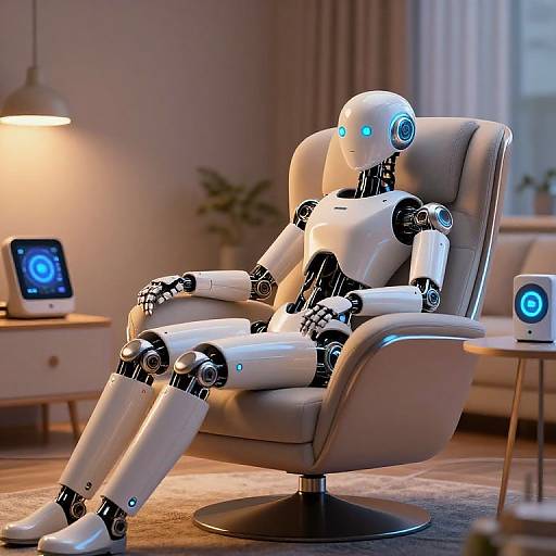 Photorealistic CGI of a white, glowing-eyed humanoid robot relaxing in a beige armchair, in a modern, warmly lit living room.