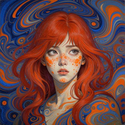 Digital painting of a young woman with vibrant red hair, orange freckles, and wide eyes, set against a swirling blue and orange abstract background.