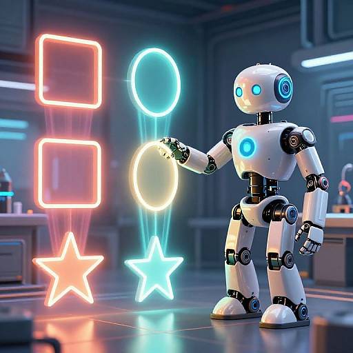 CGI image of a white, glowing blue-eyed robot holding neon blue and white spheres, standing in front of red and blue neon lights, in a