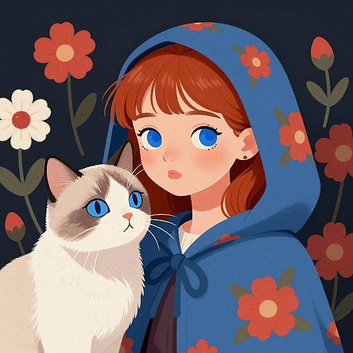 Girl in Blue Floral Hooded Cloak with Cat
