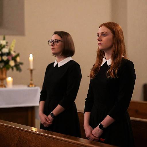 Two Women in Black Dresses Standing in Church