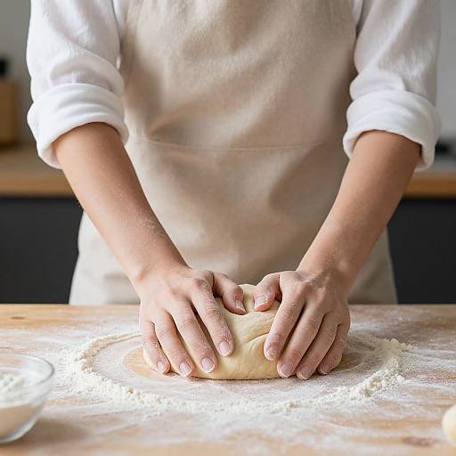 Photograph of hands pressing dough on a floured wooden surface, wearing a white long-sleeve shirt and beige apron, in a bright kitchen