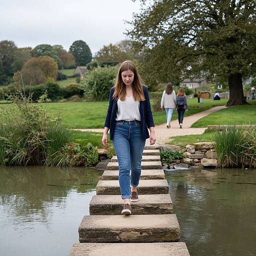 Photograph of a young woman with long brown hair, wearing a white blouse, navy blazer, and blue jeans, walking on stone steps over a