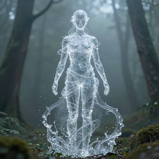 Digital artwork of a glowing, ethereal, translucent female figure with flowing lines and light trails, standing in a misty forest.