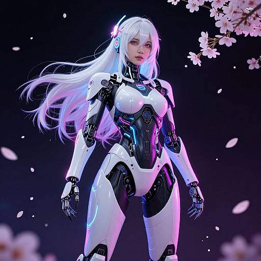 Cyber Woman with Neon Sakura Petals