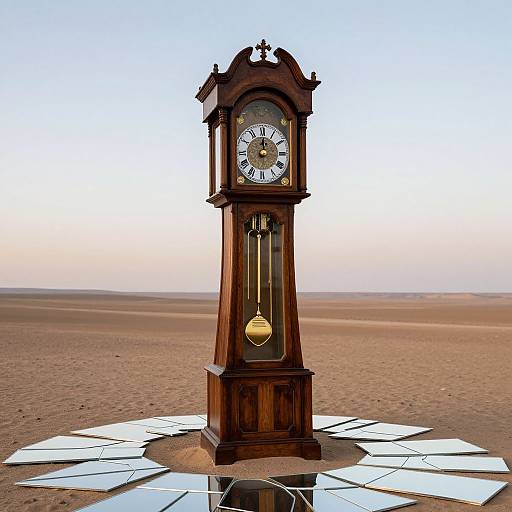 Photograph of an ornate wooden grandfather clock standing alone in a barren, desert-like landscape with a clear, pale blue sky. Clock is surrounded by
