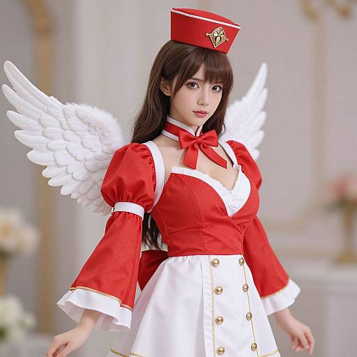 Digital artwork of an anime-style woman in a red and white winged angel costume, with a red hat, white wings, and a red bow,