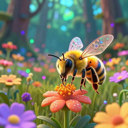 Cyberpunk Bee in Neon Digital Forest