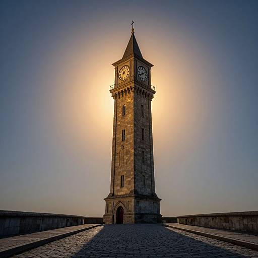 Photograph of a tall, stone clock tower with a glowing sun behind it, casting a shadow on a cobblestone path.