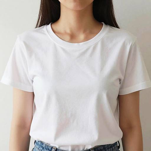 Photograph of an Asian woman with long black hair, wearing a plain white short-sleeve t-shirt and blue jeans, against a plain white background