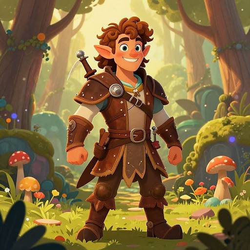 Digitally drawn fantasy elf in brown armor, smiling, standing in sunlit forest with mushrooms, trees, and glowing lights. Animated, vibrant style.