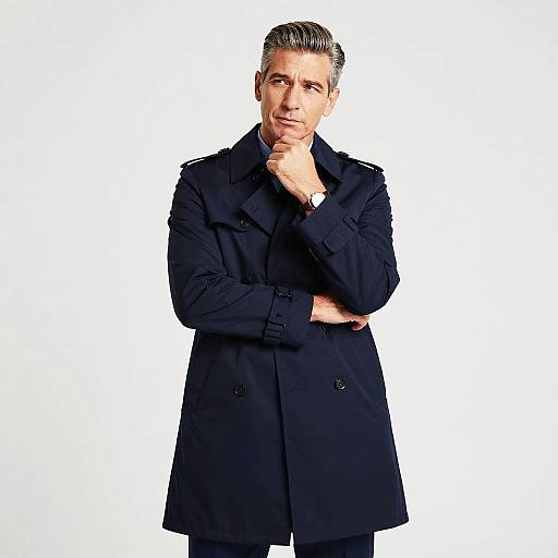 Thoughtful Harbor Inspector in Navy Trench Coat