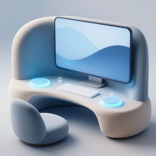 Photograph of a futuristic, white, ergonomic computer setup with glowing blue buttons, a curved monitor, and a matching curved keyboard and mouse.