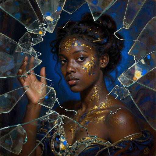 Photograph of a dark-skinned woman with gold face and body paint, framed by shattered glass, against a blue, abstract background.