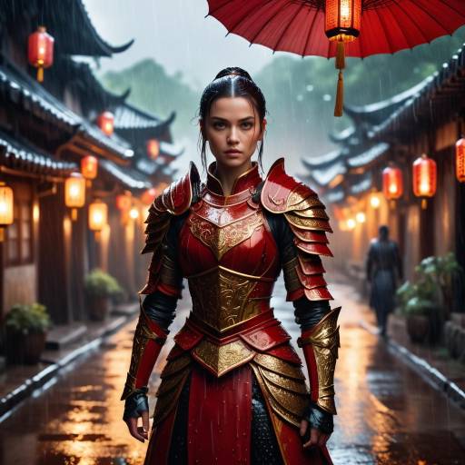 Female Samurai Warrior in Rainy Traditional Asian Street