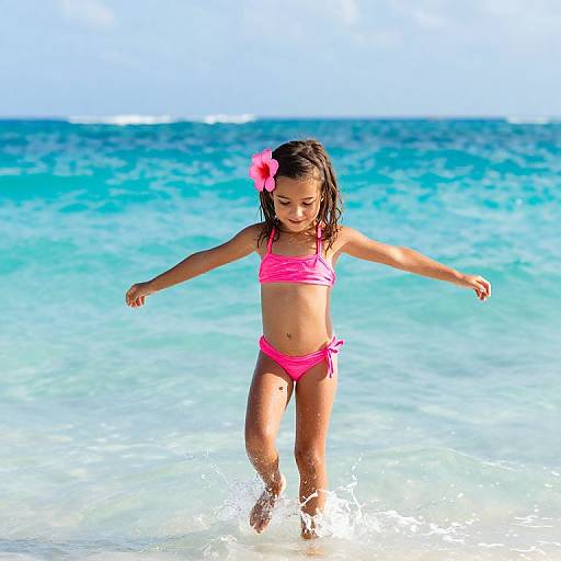 Photograph of a young girl with dark skin and wet hair, wearing a bright pink bikini and a pink flower in her hair, joyfully walking in
