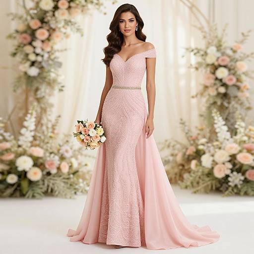 Photograph of a beautiful woman in an off-shoulder, pink lace wedding dress, holding a bouquet of white and pink flowers, standing in front