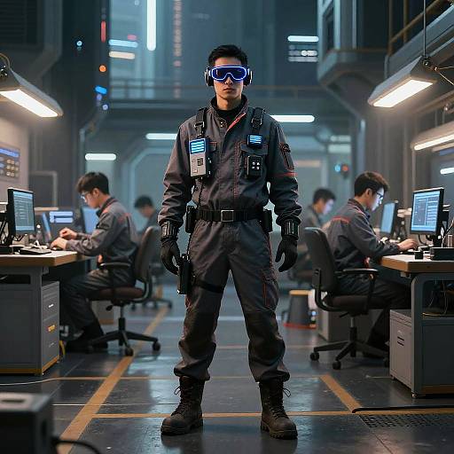 Photograph of a futuristic control room with a focused Asian male in dark tactical gear, blue visor, standing center, surrounded by seated technicians.