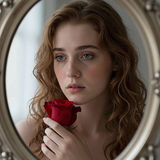 Photograph of a young woman with wavy brown hair, blue eyes, and fair skin, holding a red rose close to her face, reflected in