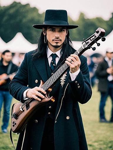 Long-haired Festival Musician with Instrument and Gun