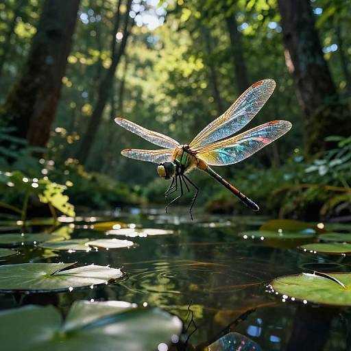Photograph of a vibrant dragonfly with iridescent wings hovering above a sunlit forest pond, surrounded by lush greenery and lily pads.
