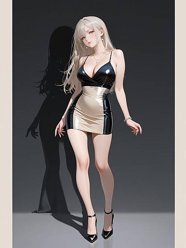 Digital anime-style illustration of a blonde woman with long hair, wearing a black and white latex mini dress and black heels, casting a shadow on a dark