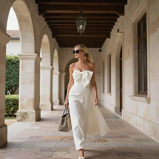 Chic Blonde Woman Under Stone Arches
