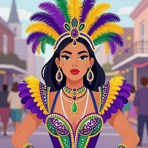 Digital illustration of a Latina woman in vibrant Carnival attire, featuring a colorful feathered headdress, beaded necklace, and purple, yellow, and green