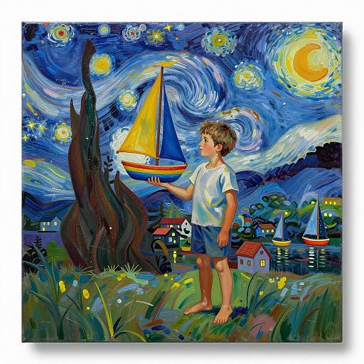 Vibrant Dreamlike Scene with Boy and Sailboat
