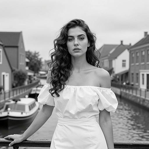 Woman in White Dress on Canal Bridge