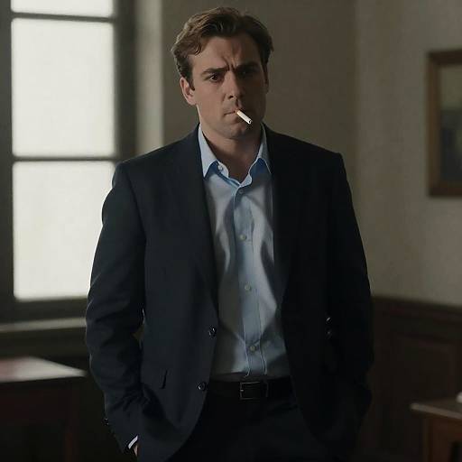 Man in Suit Smoking Cigarette Indoors