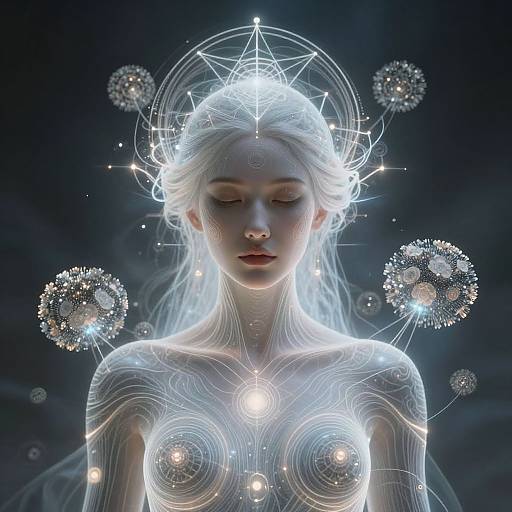 Digital artwork of a glowing, ethereal, white-haired woman with closed eyes, surrounded by luminous, geometric orbs, and intricate light patterns, set
