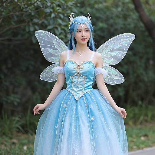 Photograph of a young Asian woman with blue hair, wearing a light blue fairy costume, translucent wings, and antler headpiece, standing in a