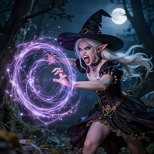 Digital artwork of a fierce, white-haired witch casting a glowing purple magic circle in a dark, moonlit forest. She wears a black hat, dress