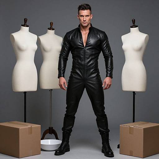 Photograph of a muscular, handsome man in a black leather bodysuit standing between three white dress forms, with cardboard boxes on either side.