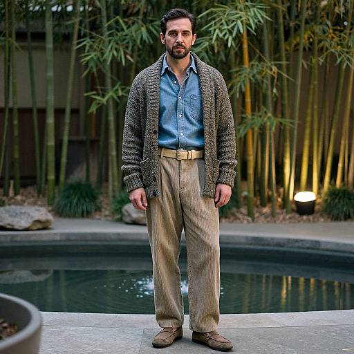 Photograph of a bearded man with dark hair, wearing a blue shirt, brown cardigan, beige pants, and brown shoes, standing by a