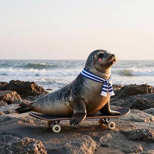 Clothed Seal Skateboarding at Sunrise