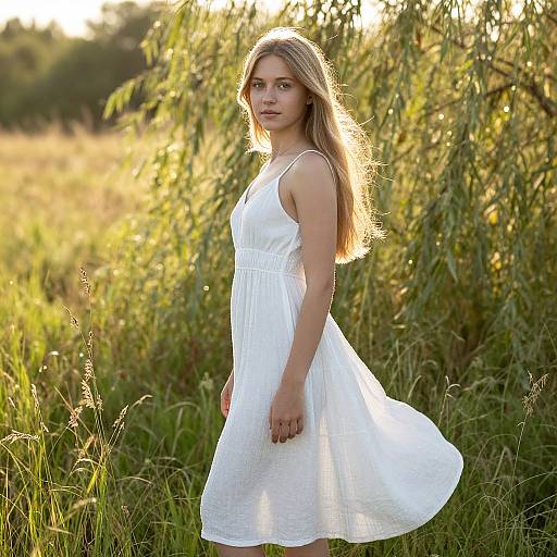 Photograph of a young woman with long blonde hair wearing a white, sleeveless, knee-length dress standing in a sunlit, grassy field with
