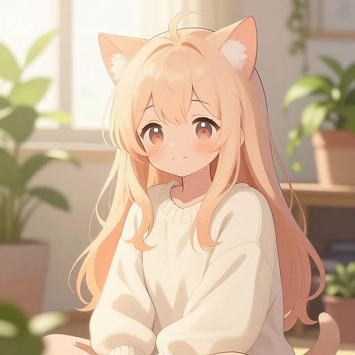 Anime-style digital illustration of a cute, blonde catgirl with pink eyes, white sweater, and soft smile, surrounded by sunlit potted plants.