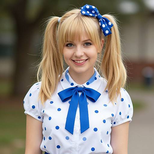 Photograph of a smiling young girl with blonde pigtails, wearing a blue polka-dot bow, white polka-dot shirt, and blue ribbon