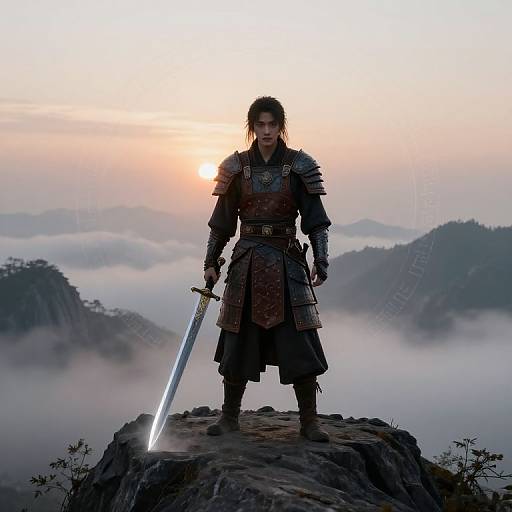 Epic photograph of a medieval warrior with long hair, wearing armor and holding a glowing sword, standing on a misty mountain peak at sunrise.