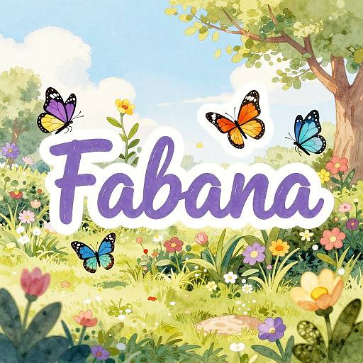 Digital illustration of a vibrant meadow with colorful flowers, trees, and butterflies, featuring the word 