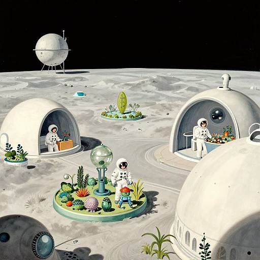 Illustration of a lunar colony: two white dome huts with astronauts, a glass dome greenhouse, and a satellite in a lunar landscape.