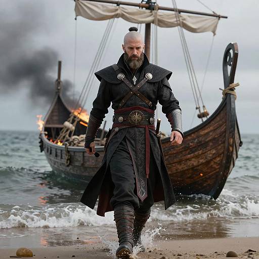 Bearded Norse Assassin on Burning Shore