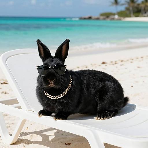 Photograph of a black rabbit with sunglasses and a silver chain, sitting on a white beach chair on a sunny, turquoise ocean beach.