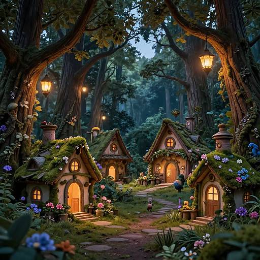Whimsical forest scene with glowing fairy-tale houses, moss-covered roofs, lanterns, blooming flowers, and a winding path, set in