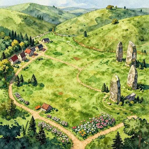 Colorful digital painting of a lush, rolling green hillside with quaint houses, tall stone pillars, winding paths, and vibrant flowerbeds.