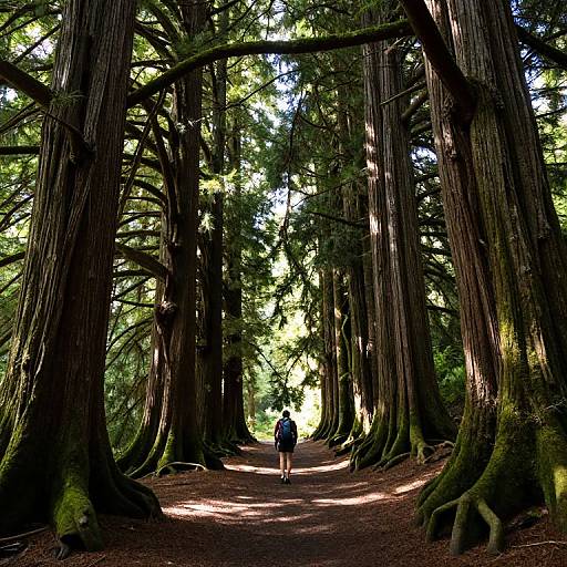 Photograph of a forest path lined with towering redwoods, sunlight filtering through leaves, two figures walking away in the distance.