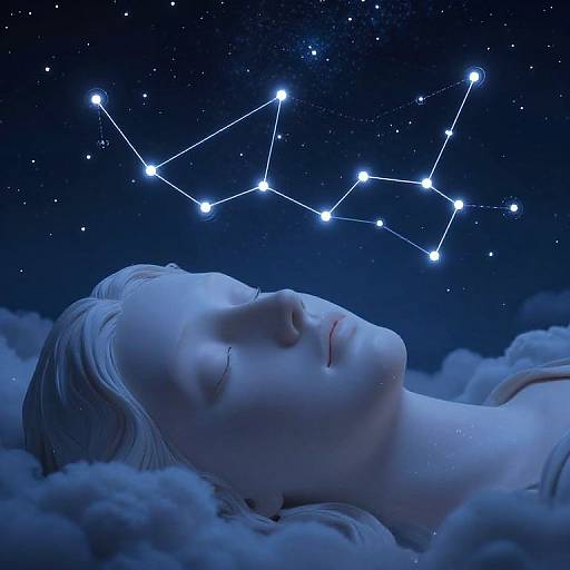 Photorealistic digital artwork of a serene, white-haired woman with closed eyes, lying on clouds, gazing at a glowing constellation in a starry
