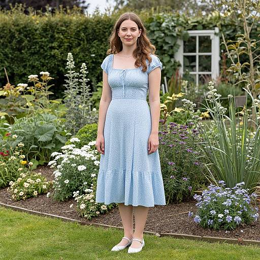 Photograph of a young woman with wavy brown hair, wearing a light blue lace dress and white flats, standing in a vibrant, colorful garden.